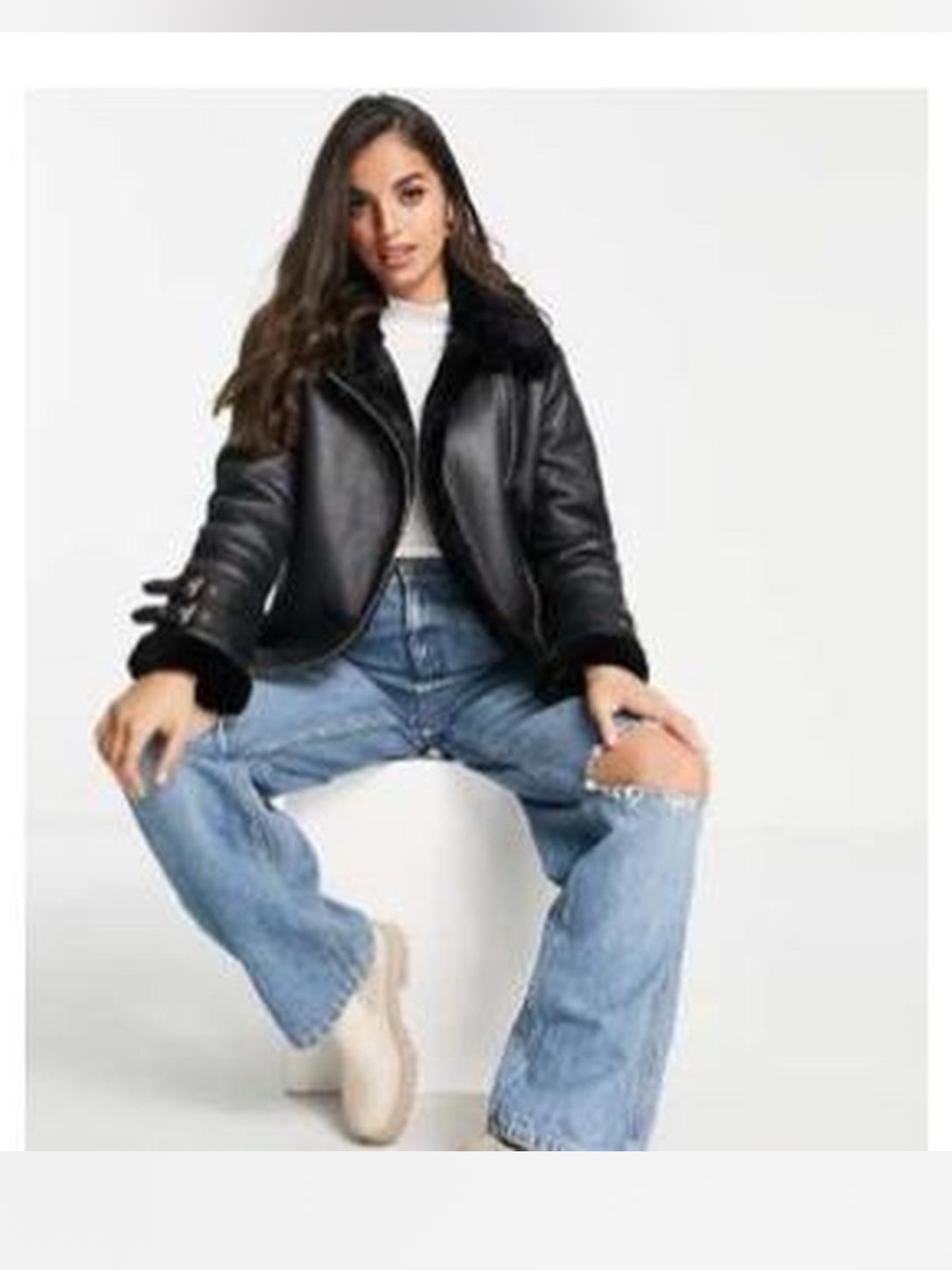 ASOS Black Faux Leather Shearling-Trim Biker Jacket
